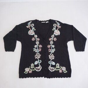 Vintage Kathie Lee Black Floral Embroidered Cardigan Flowers Grandmacore 20W